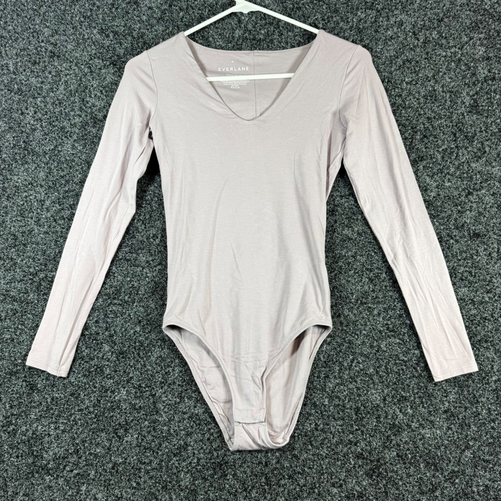 Everlane Womens V-Neck Long Sleeve Bodysuit Mauve Taupe Supima Cotton XS